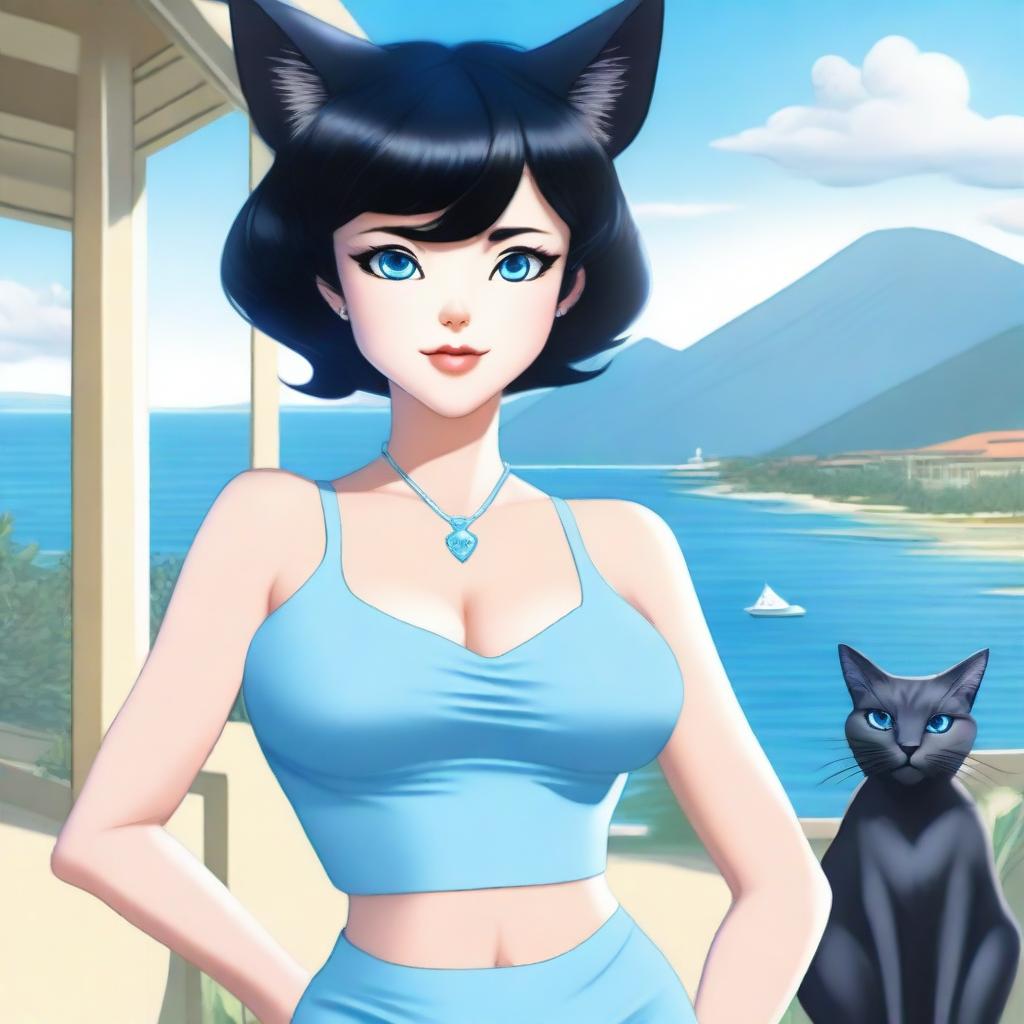 A beautiful 50-year-old woman with fair skin, large hips, large 38DD breasts, short straight jet-black hair, and blue cat-like eyes