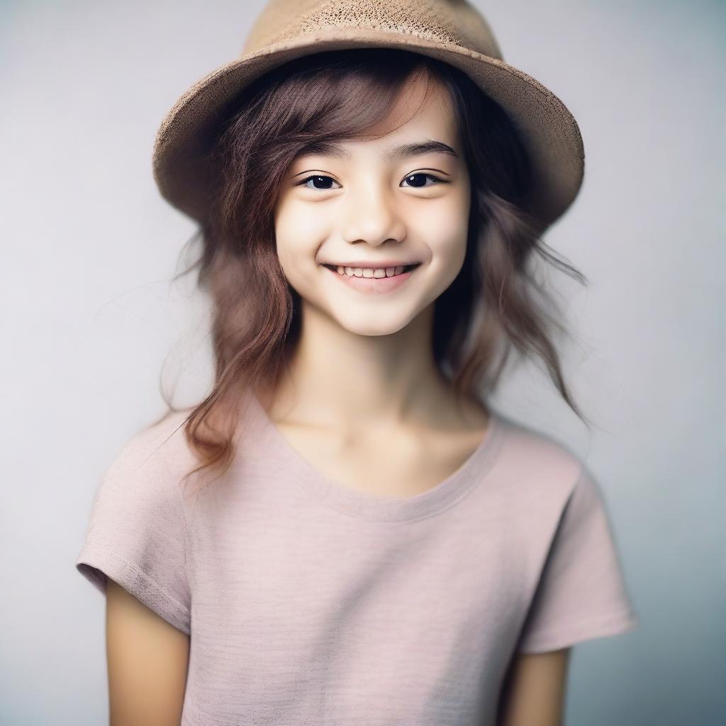 Create an image of a cute, young person with a small face, pre-teen appearance, and a skinny body