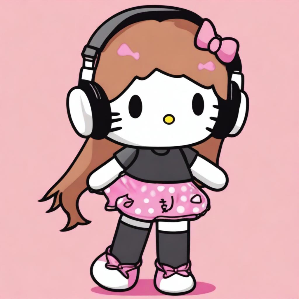 Create an image of Hello Kitty with long light brown hair, wearing a black t-shirt and black thigh-high socks