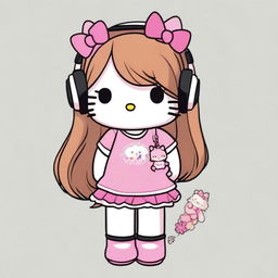 Create an image of Hello Kitty with long light brown hair, wearing a black t-shirt and black thigh-high socks