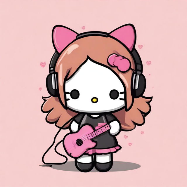 Create an image of Hello Kitty with long light brown hair, wearing a black t-shirt and black thigh-high socks