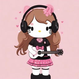 Create an image of Hello Kitty with long light brown hair, wearing a black t-shirt and black thigh-high socks