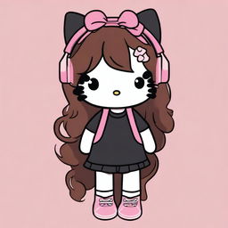 Create an image of Hello Kitty with long medium brown hair, wearing a black t-shirt and black thigh-high socks