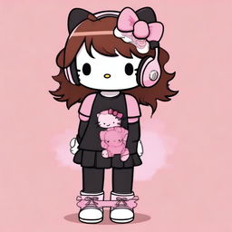 Create an image of Hello Kitty with long medium brown hair, wearing a black t-shirt and black thigh-high socks