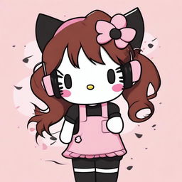 Create an image of Hello Kitty with long medium brown hair, wearing a black t-shirt and black thigh-high socks