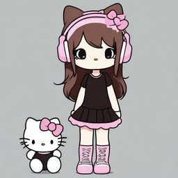 Create an image of Hello Kitty with long medium brown hair, wearing a black t-shirt and black thigh-high socks