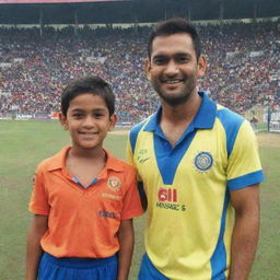 A young boy named Rishav standing proudly next to the famous cricketer, MS Dhoni