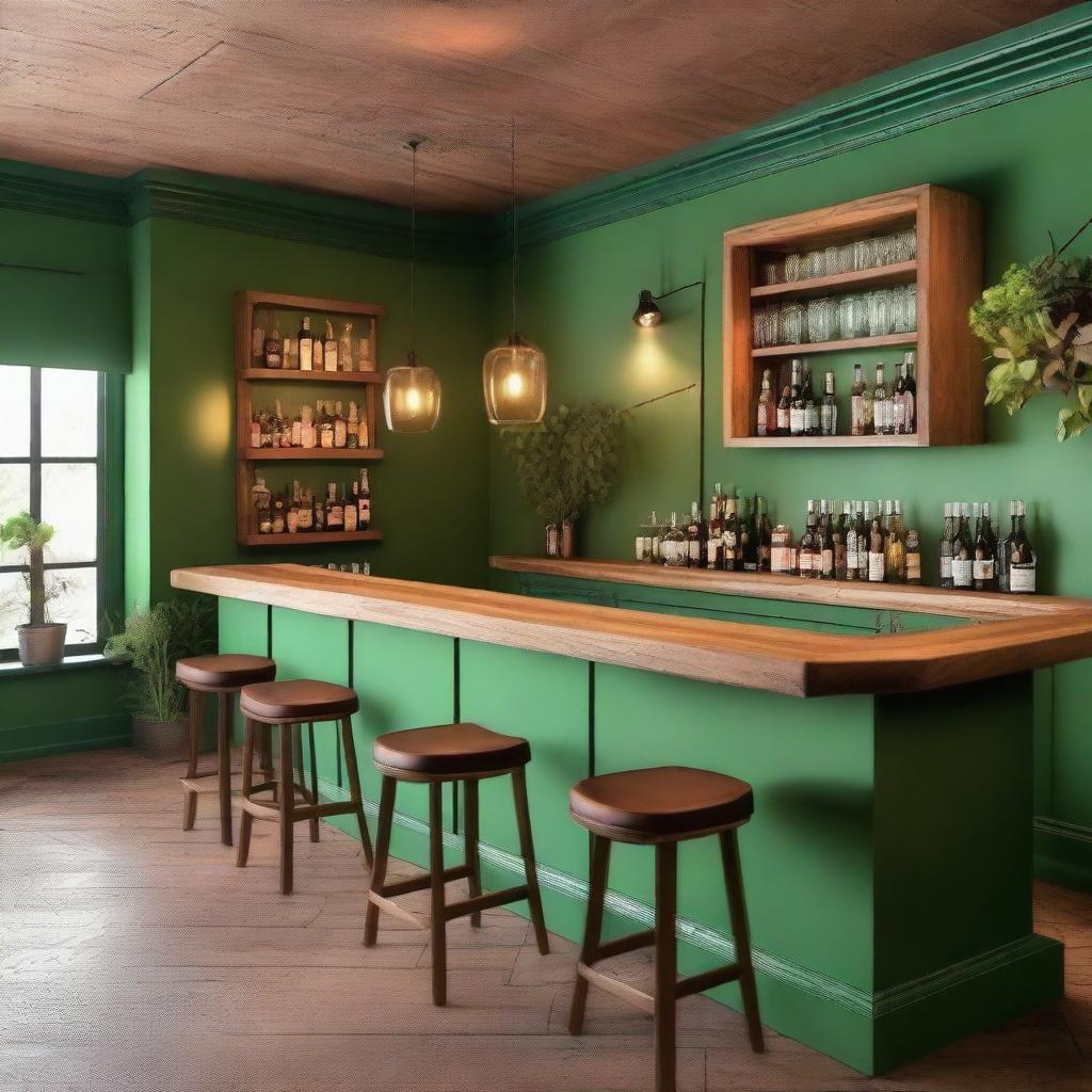 A rustic yet elegant interior decoration of a bar with green walls