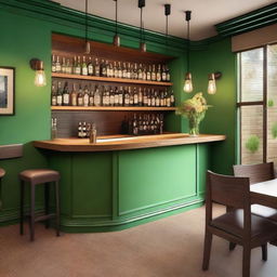 A rustic yet elegant interior decoration of a bar with green walls