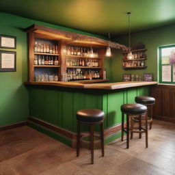 A rustic yet elegant interior decoration of a bar with green walls