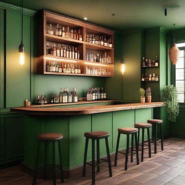 A rustic yet elegant interior decoration of a bar with green walls