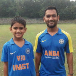 A young boy named Rishav standing proudly next to the famous cricketer, MS Dhoni