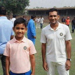 A young boy named Rishav standing proudly next to the famous cricketer, MS Dhoni