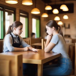 Dos adolescentes trabajando como meseros en un restaurante, mostrando una expresión de enemistad entre ellos