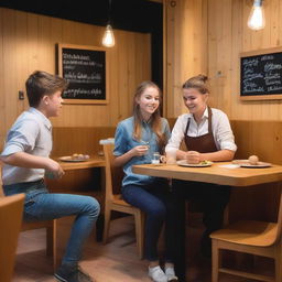 Dos adolescentes trabajando como meseros en un restaurante, mostrando una expresión de enemistad entre ellos