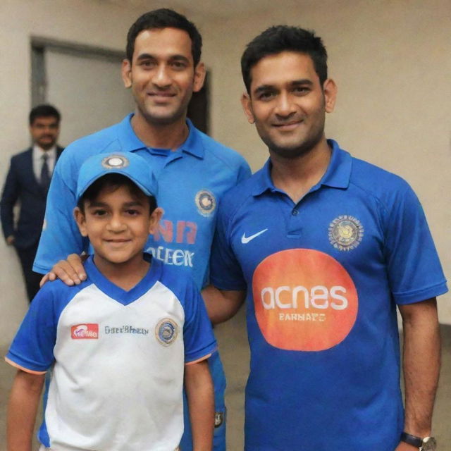 A young boy named Rishav standing proudly next to the famous cricketer, MS Dhoni