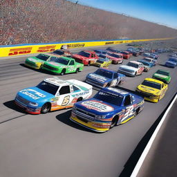 A high-energy scene featuring NASCAR trucks racing on a track