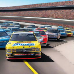 A high-energy scene featuring NASCAR trucks racing on a track