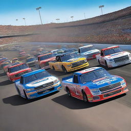 A high-energy scene featuring NASCAR trucks racing on a track