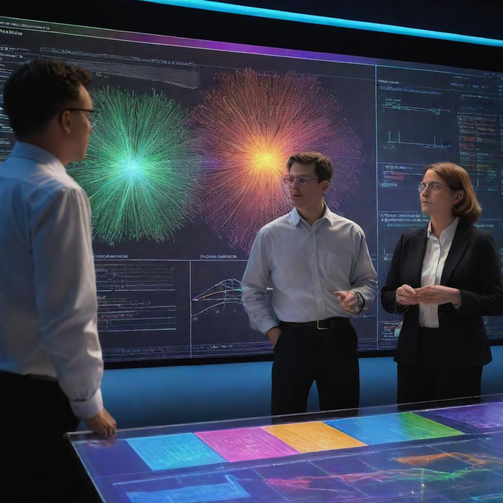 An interactive graphic of scientists discussing technical data, with visualizations of complex equations and colorful graphs on a state-of-the-art holographic display.