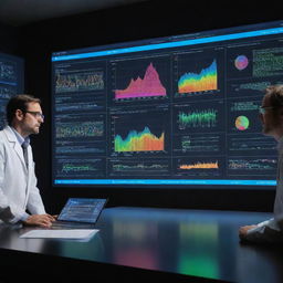 An interactive graphic of scientists discussing technical data, with visualizations of complex equations and colorful graphs on a state-of-the-art holographic display.