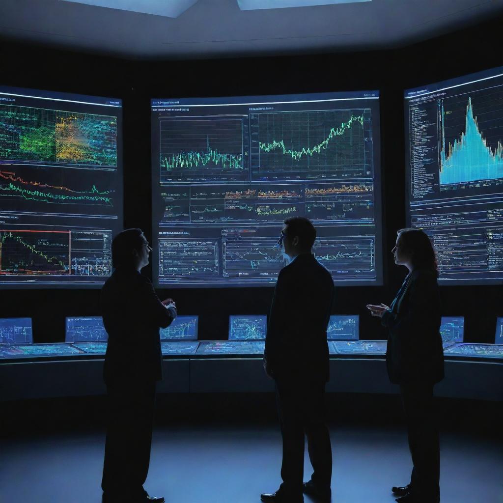 An interactive graphic of scientists discussing technical data, with visualizations of complex equations and colorful graphs on a state-of-the-art holographic display.