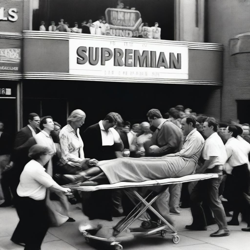 A person being carried out of a movie theater on a stretcher after watching Superman