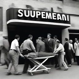 A person being carried out of a movie theater on a stretcher after watching Superman