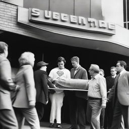 A person being carried out of a movie theater on a stretcher after watching Superman