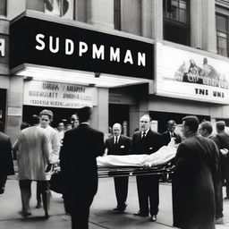 A person being carried out of a movie theater on a stretcher after watching Superman