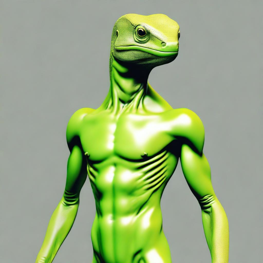 A lime green lizard humanoid with a slim fit build