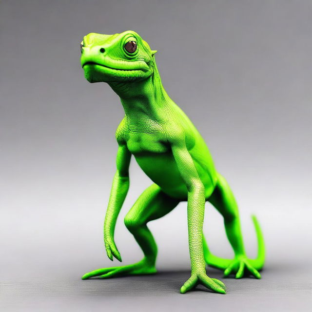 A lime green lizard humanoid with a slim fit build