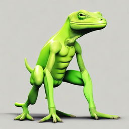 A lime green lizard humanoid with a slim fit build