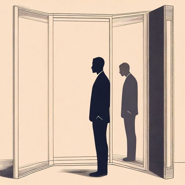 A book cover featuring a man standing and looking into a mirror