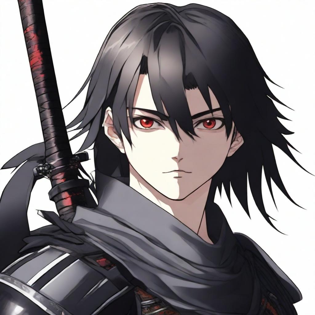 A 16-year-old man with red eyes and black hair. He wears black armor and holds a samurai sword. The background is white.