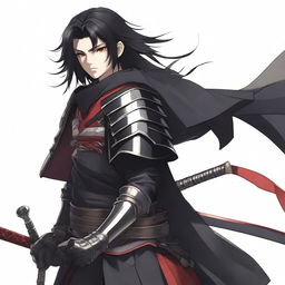 A 16-year-old man with red eyes and black hair. He wears black armor and holds a samurai sword. The background is white.