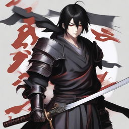 A 16-year-old man with red eyes and black hair. He wears black armor and holds a samurai sword. The background is white.