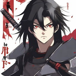 A 16-year-old man with red eyes and black hair. He wears black armor and holds a samurai sword. The background is white.