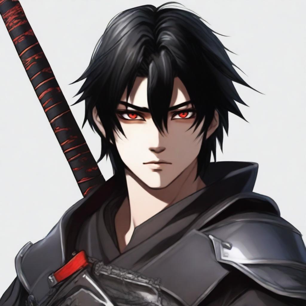 A realistic depiction of a 16-year-old man with red eyes and black hair