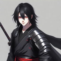 A realistic depiction of a 16-year-old man with red eyes and black hair