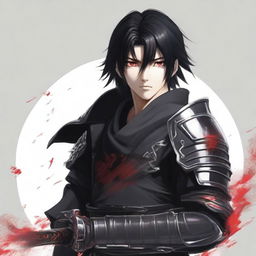 A realistic depiction of a 16-year-old man with red eyes and black hair