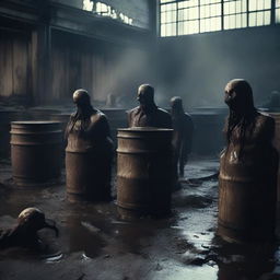 A haunting scene depicting bodies that have been grotesquely deformed and mutated due to exposure to deadly chemicals