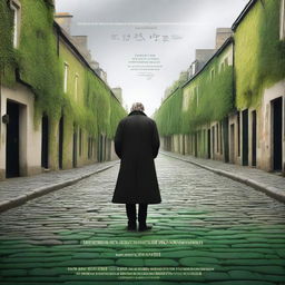 Create a captivating movie poster featuring a man in a black coat standing on a cobbled road