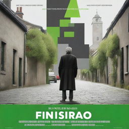 Create a captivating movie poster featuring a man in a black coat standing on a cobbled road