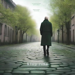 Create a captivating movie poster featuring a man in a black coat standing on a cobbled road