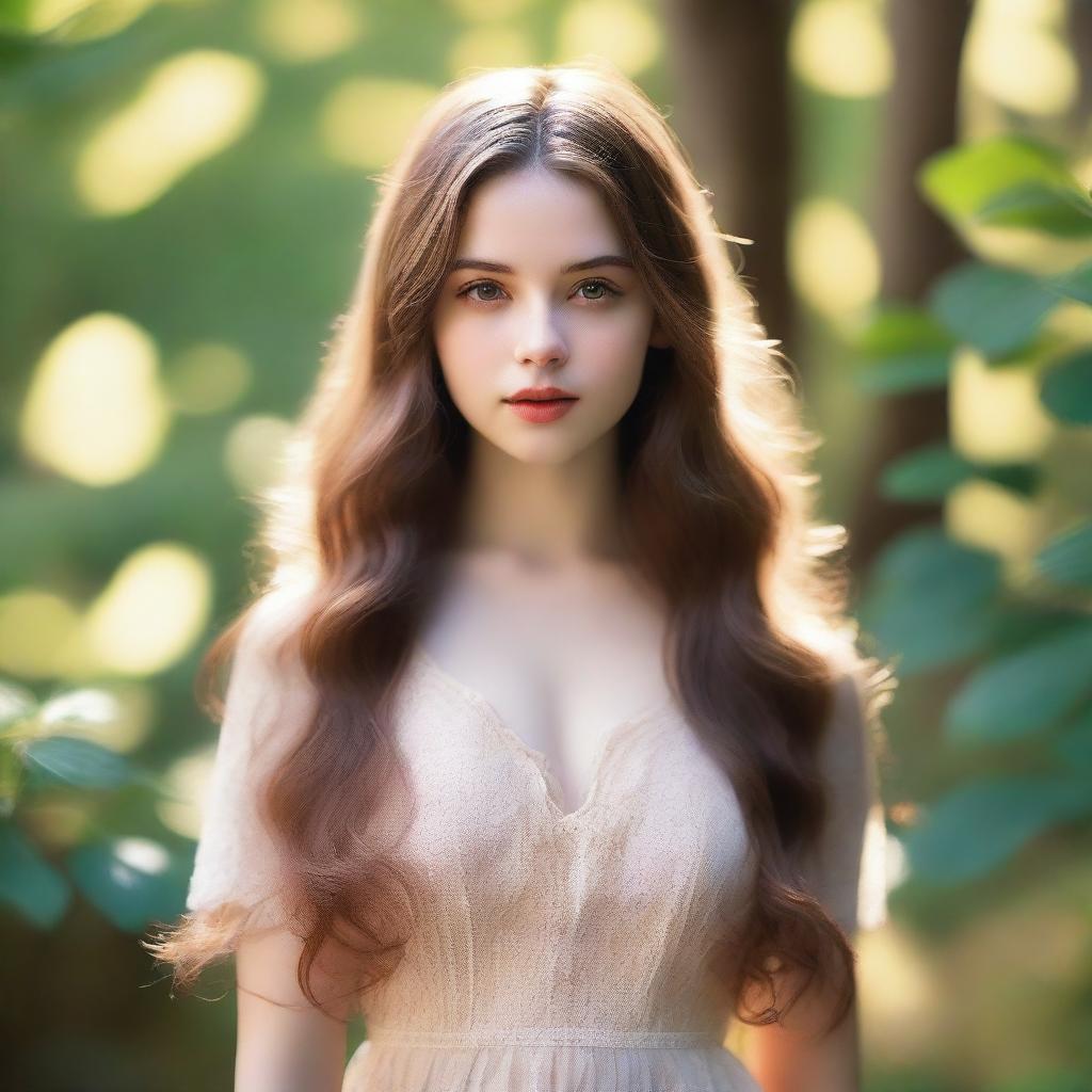 A girl with long brown hair and honey-colored eyes, with a voluptuous body and pale skin