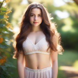 A girl with long brown hair and honey-colored eyes, with a voluptuous body and pale skin