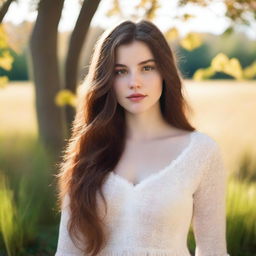 A girl with long brown hair and honey-colored eyes, with a voluptuous body and pale skin