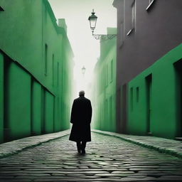 Create a captivating movie poster featuring a man in a black coat standing on a cobbled road