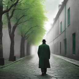 Create a captivating movie poster featuring a man in a black coat standing on a cobbled road